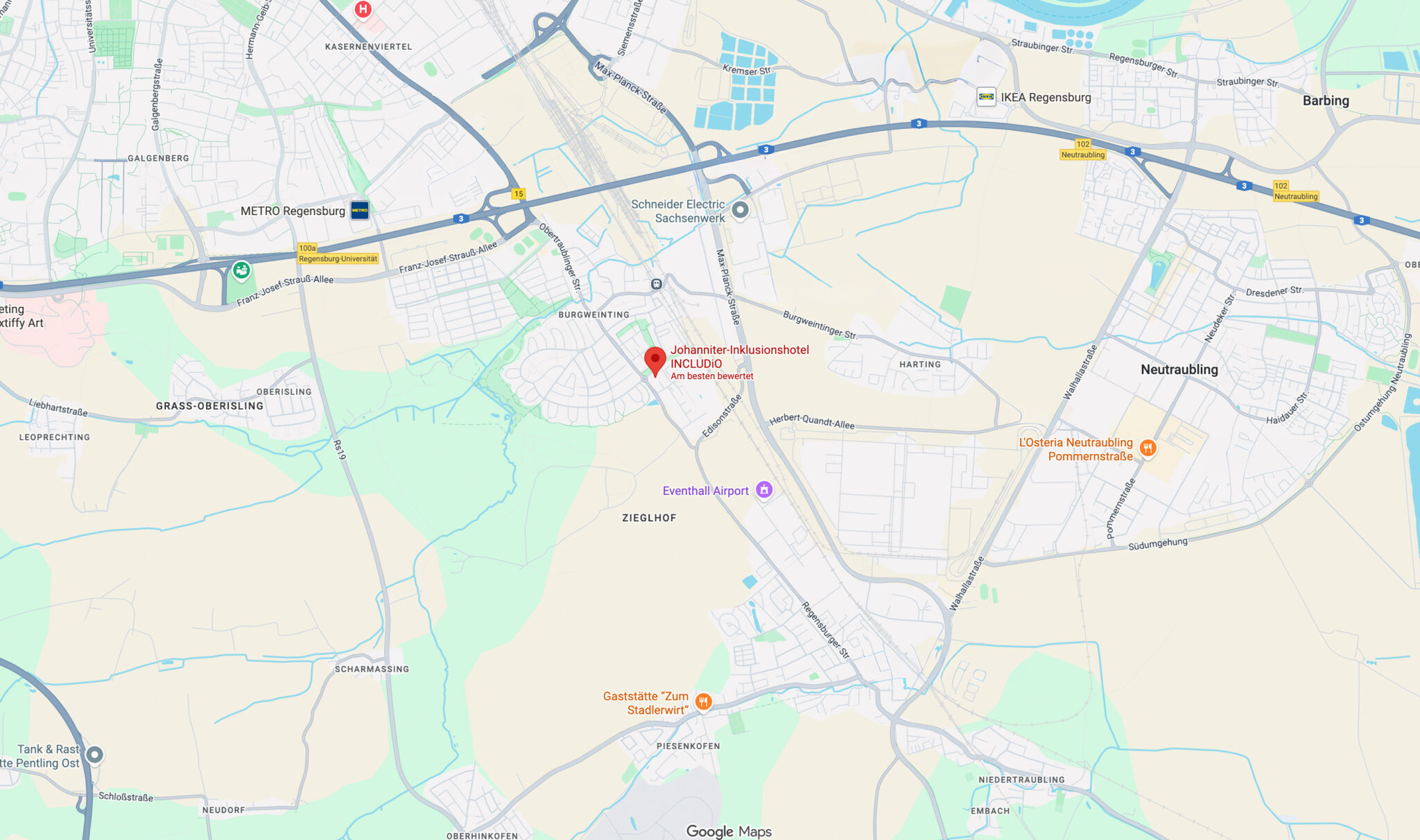 Ausschnitt einer Google Maps Karte mit dem Hotel INCLUDiO in der Mitte